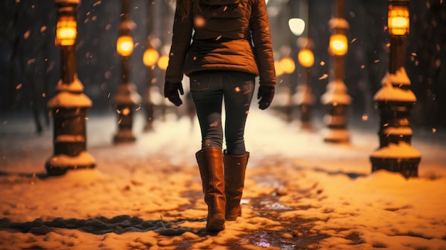 Back view woman walking in snowy winter night