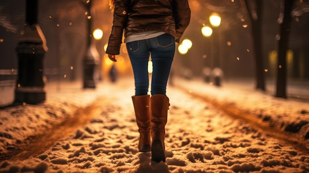 Back view woman walking in snowy winter night