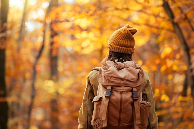 Photo back view of woman walking with backpack in autumn park