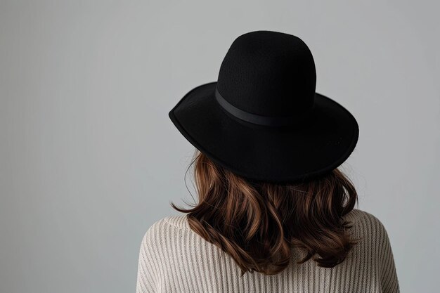 Back view woman wearing a black hat