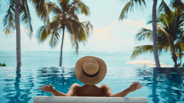 Back view woman wearing straw hat lie on sunbed and enjoy sun tan near swimming poo Generative AI