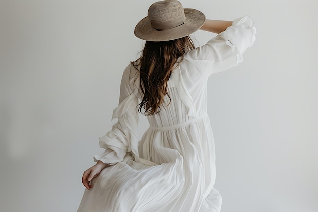 Photo back view of a woman in a white dress and straw hat