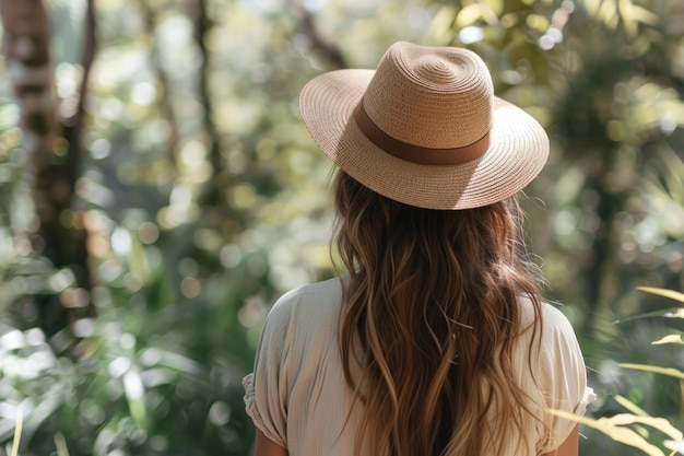 Back view of woman with hat posing in nature