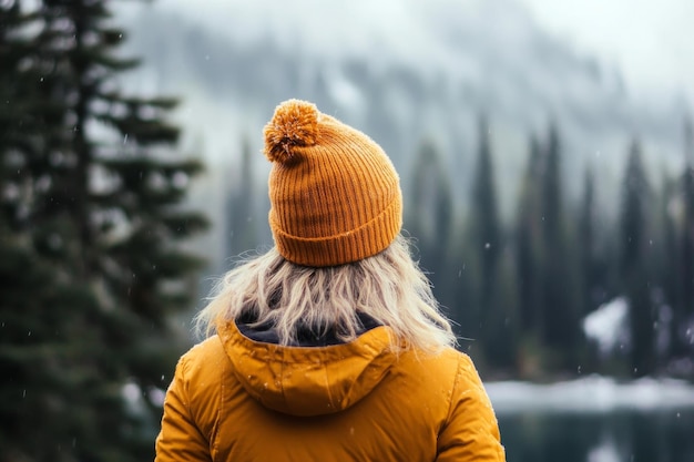 Back View of Woman in Yellow Hat Near Misty Mountain Forest Lake