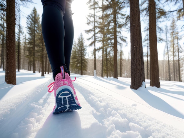 Back view of womans legs with sport shoes jogging in snow