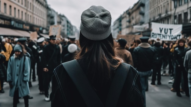 Back view of a women The crowd gathered to protest generative ai