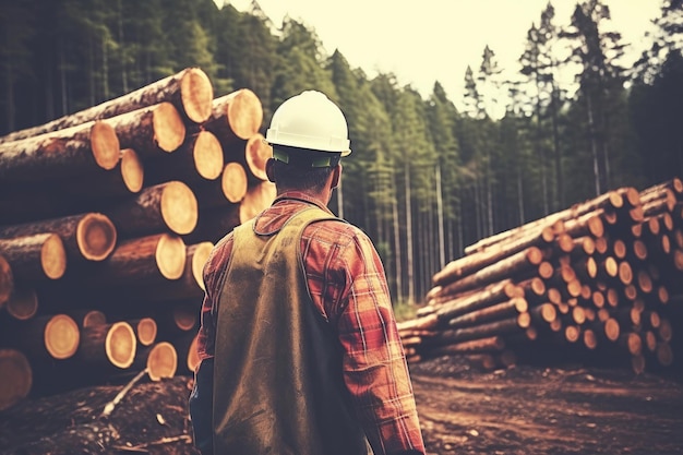 Back view of a worker on background of heap of logs in a forest deforestation concept Generative AI