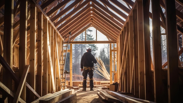 Back view of the worker building a wooden house interior view