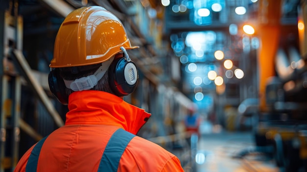 Back view of a worker wearing a hard hat and headphones in a brightly lit industrial setting emphasizing safety and labor environment