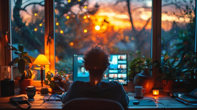 Back view of young african american man sitting at table in front of computer monitor and looking at