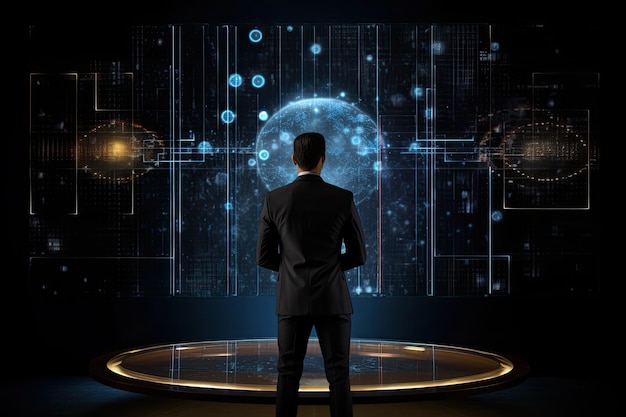 Back view of young businessman looking at hologram globe on dark background A businessman using holographic projection for financial analysis and decision making Black background AI Generated