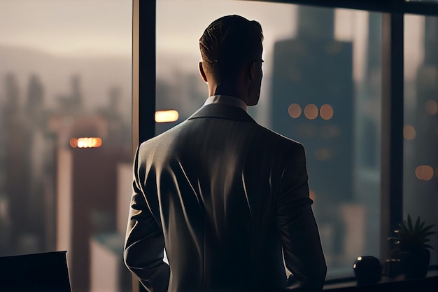 Back view of young businessman standing in front of window and looking at citygenerative ai