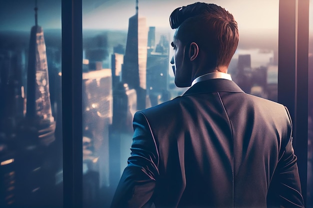 Back view of young businessman standing in front of window and looking at citygenerative ai