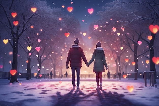 Back view of a young couple holding hands at winter evening lova background