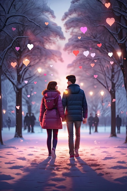 Back view of a young couple holding hands at winter evening lova background