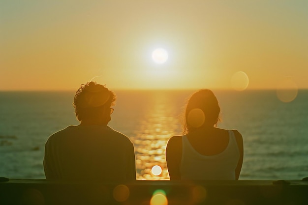 Back view of young couple sitting at table and looking at beautiful sunset over sea