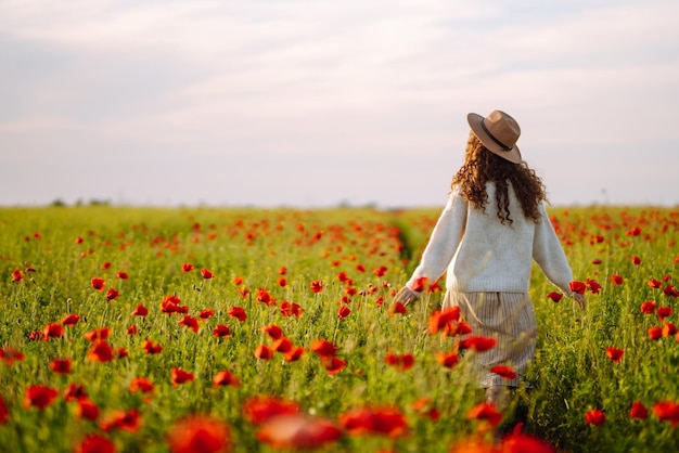 Back view Young curly woman in hat posing in the poppy field Summer landscape