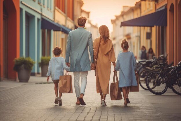 Back view of a young family walking down the street with shopping bags Generative AI