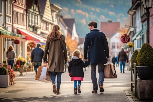 Back view of a young family walking down the street with shopping bags Generative AI