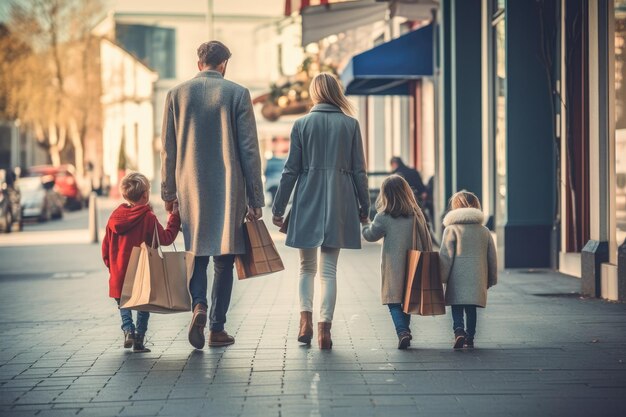 Back view of a young family walking down the street with shopping bags Generative AI