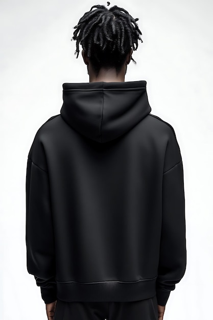 Photo back view of young guy in black hoodie isolated on white background