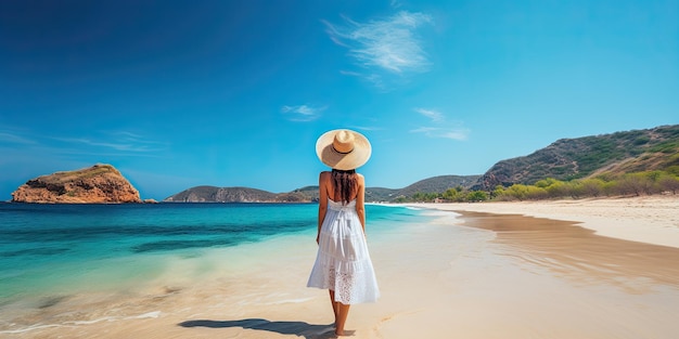 Back view young happiness asian traveller woman in white dress and hat standing on sandy beach