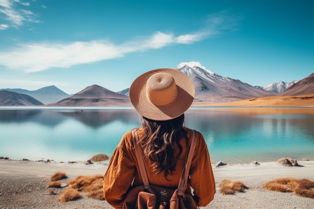 Back view of a young Latin American tourist standing and holding a hat contemplating a lake with mountains