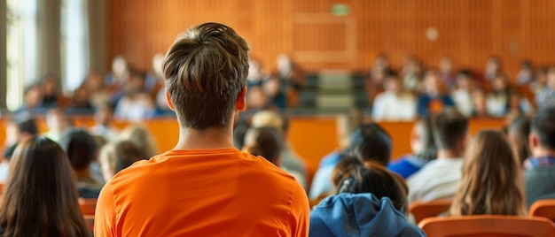 The back view of a young male student clad in an orange shirt in a classroom embodying engagement and focus in the academic environment