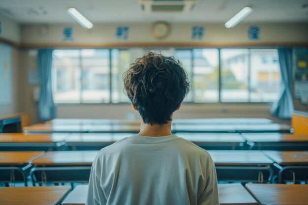 Back View of a Young Male Student Sitting Alone in a Bright Classroom with Desks and Chairs