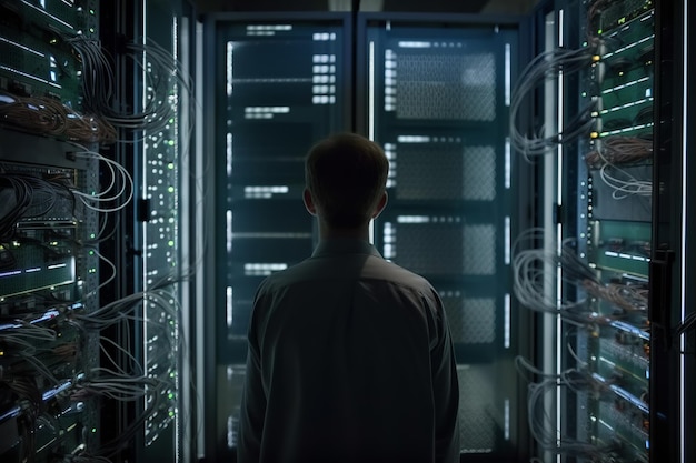 Back view of young man in shiny server room Technology concept AI Generative