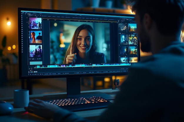 Photo back view of young white man editing video