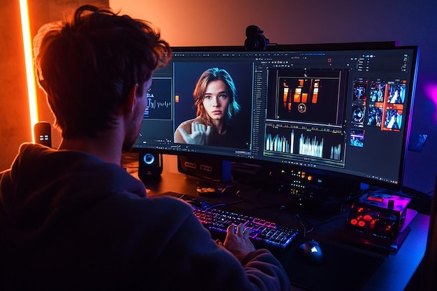 Photo back view of young white man editing video