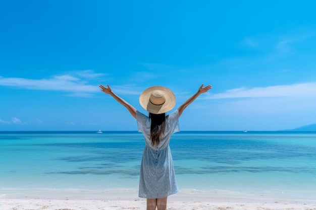 Back view of young woman in hat with arms raised on tropical beach