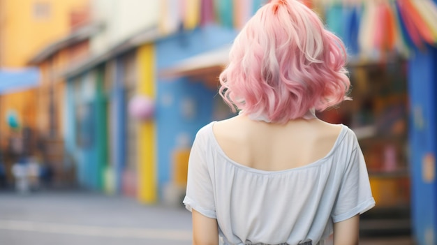 Back view of young woman in japanese harajuku street