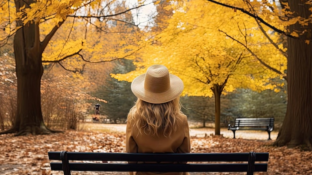 Back view of a young woman sitting on a bench in the park at autumn