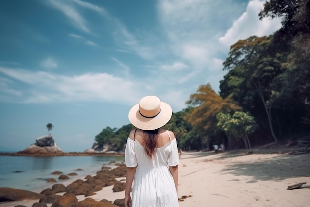 Back view of young woman in white dress and straw hat standing on the beach and looking at the sea Generative AI