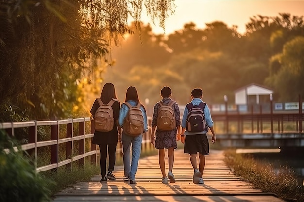 Back of walking asian teenager students with backpack at sunset Generative AI