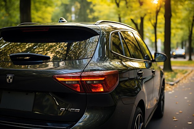 Back window of a black car parked on the street with sunlight