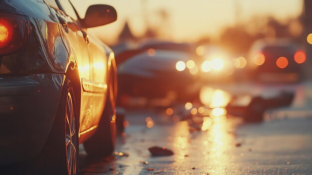 The back of a wrecked car on a city street at sunset with debris scattered on the asphalt