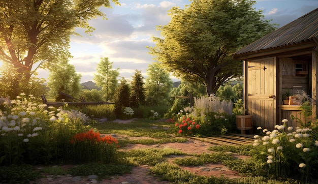 a back yard garden scene with a shed and trees in the style of soft and dreamy atmosphere