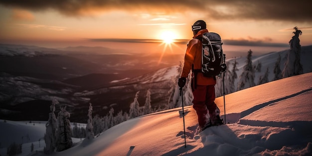 A backcountry skiing man making his way down the mountain sunset on the top