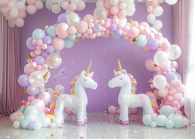 Photo backdrop an arch decorated with balloons and two plush unicorns purple backgrround