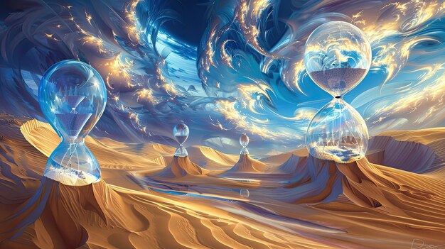 Backdrop of a desert scene with floating hourglasses and swirling luminous clouds