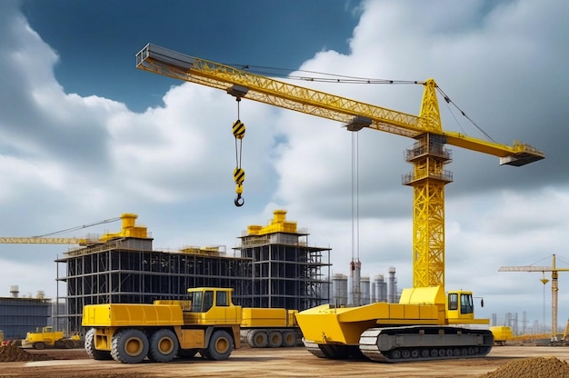 Backdrop of industrial yellow crane on construction site at cloudy sky Industry cranes house building on creation site Construction and renovation of buildings concept Copy advertising text space