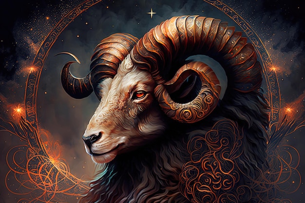 Backdrop of sacred zodiac Aries symbols astrology alchemy magic sorcery and fortune telling generative AI digital painting Zodiac sign Aries on the starry sky close up