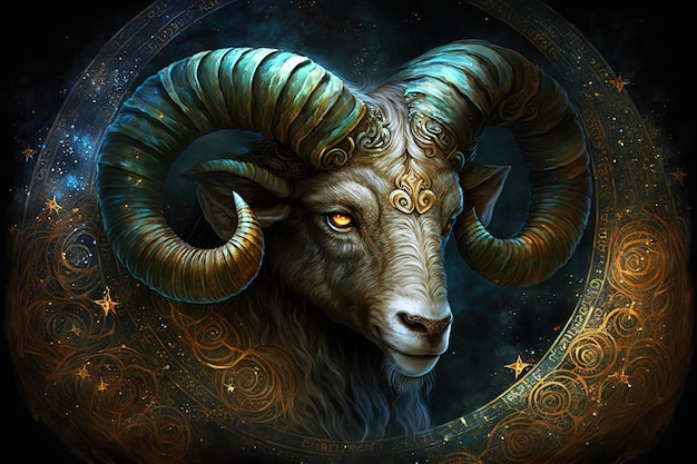 Backdrop of sacred zodiac Aries symbols astrology alchemy magic sorcery and fortune telling generative AI digital painting Zodiac sign Aries on the starry sky close up