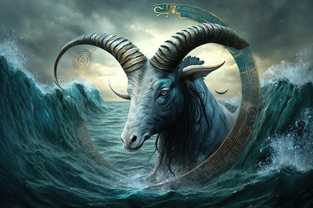 Backdrop of sacred zodiac Capricorn symbols astrology alchemy magic sorcery and fortune telling generative AI digital painting Zodiac sign Capricorn on the starry sky close up