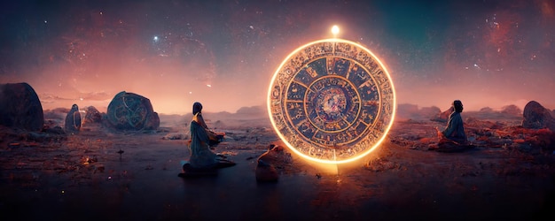 Backdrop of sacred zodiac symbols astrology alchemy magic sorcery and fortune telling AIgenerated digital painting