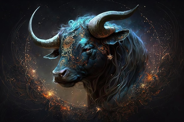 Backdrop of sacred zodiac Taurus symbols astrology alchemy magic sorcery and fortune telling generative AI digital painting Zodiac sign Taurus on the starry sky close up