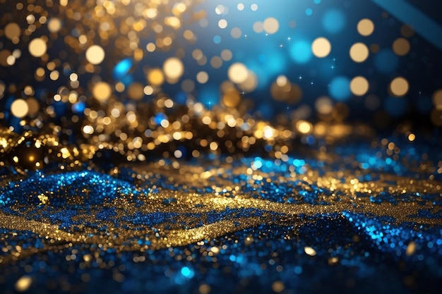 background of abstract glitter lights blue gold and black de focused banner